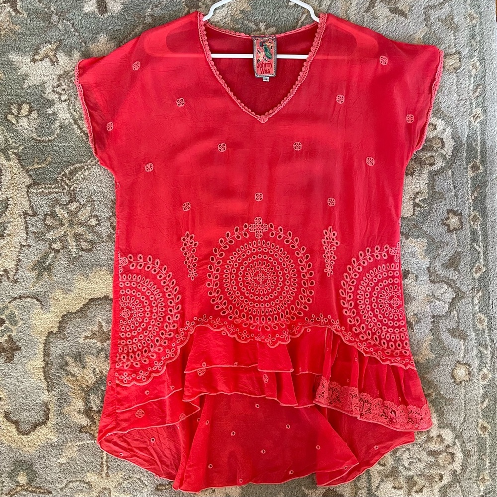 Johnny Was Red Eyelet Lace Shirt Top